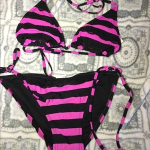 Black and hot pink striped lace string bikini